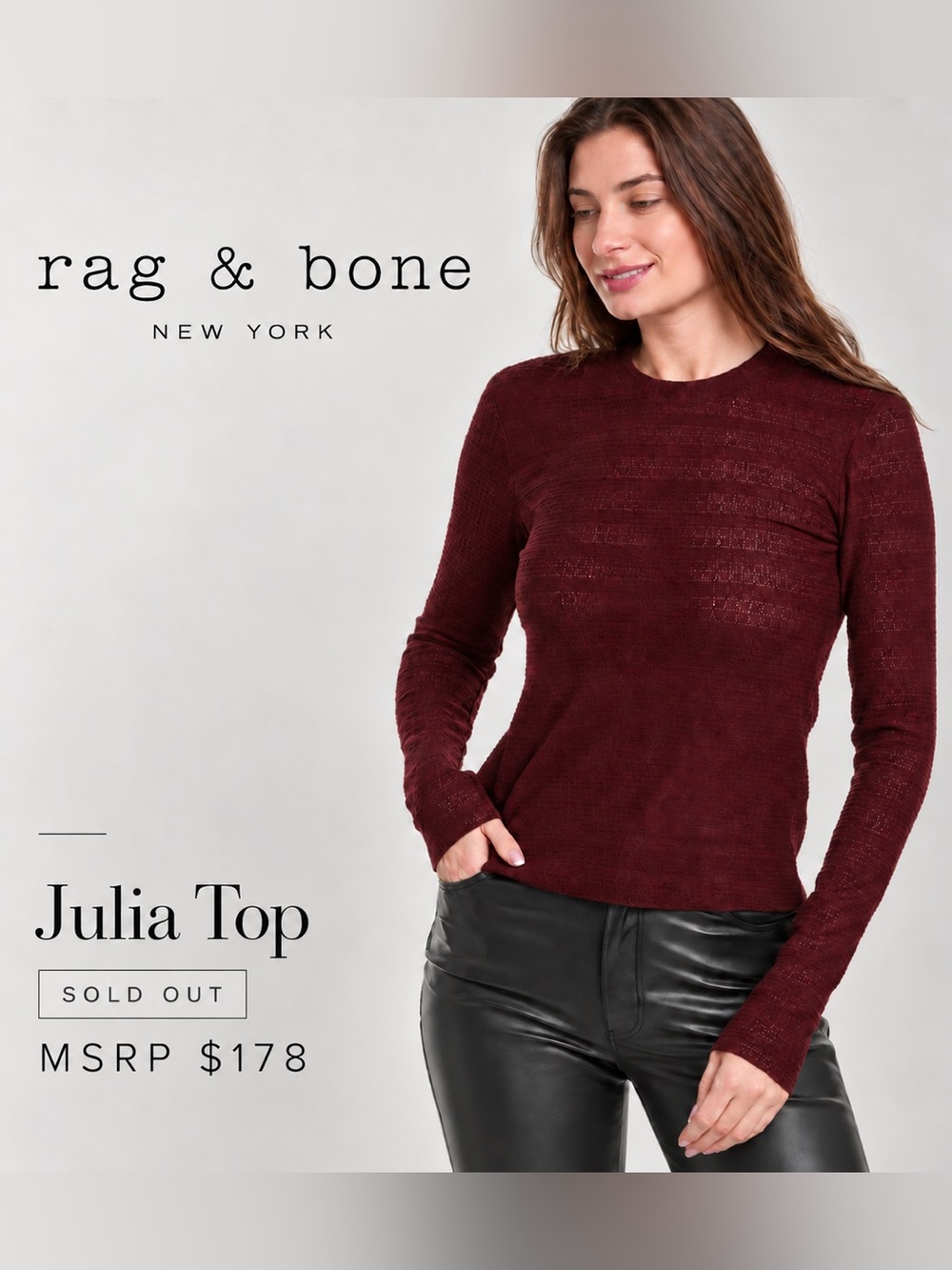 rag & bone Julia Crewneck Long-Sleeve Top in Deep Burgundy NWT